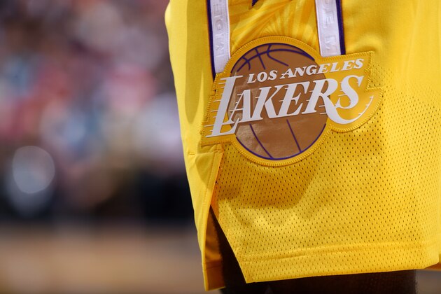 MIAMI, FL - DECEMBER 13:  A closeup shot of the Los Angeles Lakers logo on their respective uniform during a game against the Miami Heat on December 13, 2019 at the American Airlines Arena in Miami, Florida. NOTE TO USER: User expressly acknowledges and agrees that, by downloading and or using this photograph, User is consenting to the terms and conditions of the Getty Images License Agreement. Mandatory Copyright Notice: Copyright 2019 NBAE (Photo by Brian Babineau/NBAE via Getty Images)