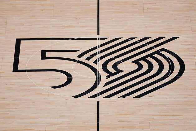 PORTLAND, OREGON - NOVEMBER 29: A general view of the Portland Trail Blazers center court logo celebrating the 50th anniversary season before the game against the Chicago Bulls at the Moda Center on November 29, 2019 in Portland, Oregon.  NOTE TO USER: User expressly acknowledges and agrees that, by downloading and or using this photograph, User is consenting to the terms and conditions of the Getty Images License Agreement.  (Photo by Alika Jenner/Getty Images)