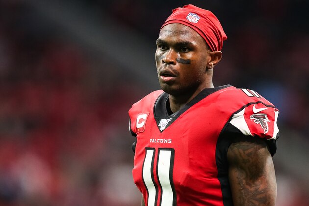 ATLANTA, GA - DECEMBER 22: Julio Jones #11 of the Atlanta Falcons looks on during the first half of a game against the Jacksonville Jaguars at Mercedes-Benz Stadium on December 22, 2019 in Atlanta, Georgia. (Photo by Carmen Mandato/Getty Images)