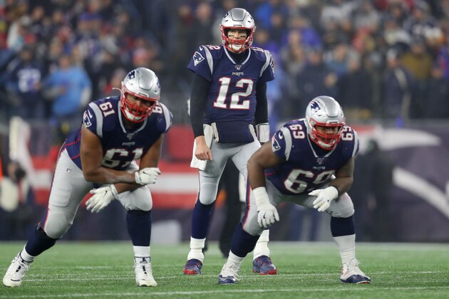 FOXBOROUGH, MASSACHUSETTS - JANUARY 04: Tom Brady #12 of the New England Patriots calls a play during the AFC Wild Card Playoff game against the Tennessee Titans at Gillette Stadium on January 04, 2020 in Foxborough, Massachusetts. (Photo by Maddie Meyer/Getty Images)