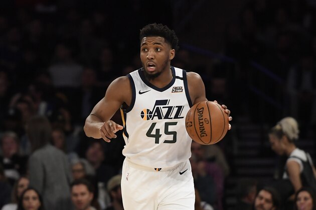 Utah Jazz guard Donovan Mitchell (45) dribbles the ball during the second half of an NBA basketball game against the New York Knicks in New York, Wednesday, March 4, 2020. (AP Photo/Sarah Stier)