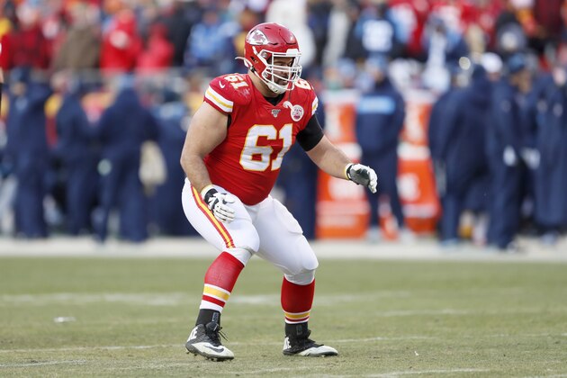 Kansas City Chiefs offensive guard Stefen Wisniewski (61) during the second half of the NFL AFC Championship football game against the Tennessee Titans Sunday, Jan. 19, 2020, in Kansas City, MO. (AP Photo/Charlie Neibergall) Kansas City Chiefs offensive guard Stefen Wisniewski (61) during the second half of the NFL AFC Championship football game against the Tennessee Titans Sunday, Jan. 19, 2020, in Kansas City, MO. (AP Photo/Charlie Neibergall)