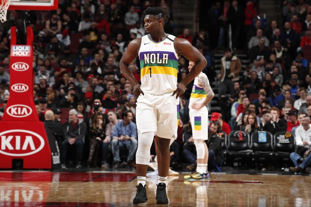 CHICAGO, IL - FEBRUARY 6: Zion Williamson #1 of the New Orleans Pelicans looks on during the game against the Chicago Bulls on February 6, 2020 at United Center in Chicago, Illinois. NOTE TO USER: User expressly acknowledges and agrees that, by downloading and or using this photograph, User is consenting to the terms and conditions of the Getty Images License Agreement. Mandatory Copyright Notice: Copyright 2020 NBAE (Photo by Jeff Haynes/NBAE via Getty Images)