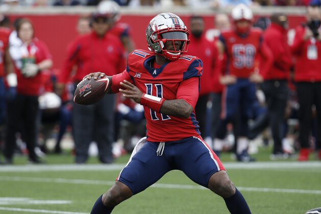 HOUSTON, TEXAS - MARCH 07: P.J. Walker #11 of the Houston Roughnecks throws a pass downfield against the Seattle Dragons during an XFL game at TDECU Stadium on March 07, 2020 in Houston, Texas. (Photo by Bob Levey/Getty Images)
