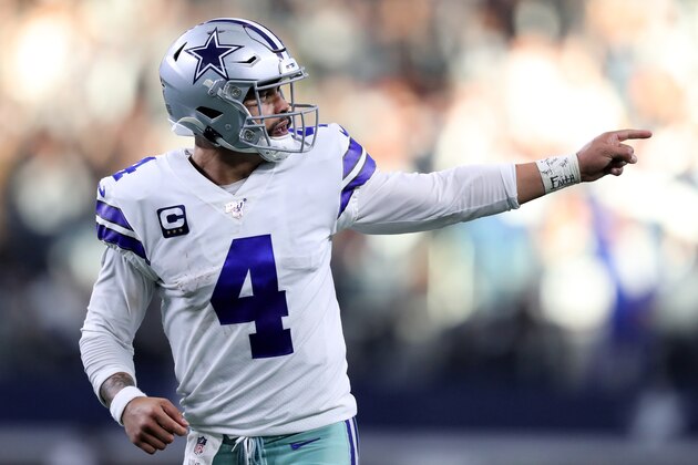 ARLINGTON, TEXAS - DECEMBER 29: Dak Prescott #4 of the Dallas Cowboys celebrates after scoring a touchdown in the second quarter against the Washington Redskins in the game at AT&T Stadium on December 29, 2019 in Arlington, Texas. (Photo by Tom Pennington/Getty Images)