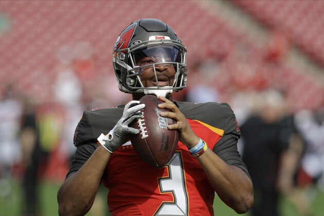 Tampa Bay Buccaneers quarterback Jameis Winston (3) before an NFL football game against the Atlanta Falcons Sunday, Dec. 29, 2019, in Tampa, Fla. (AP Photo/Chris O'Meara)