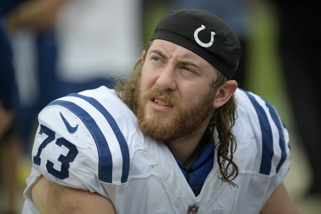 Indianapolis Colts offensive tackle Joe Haeg (73) watches from the sideline during the second half of an NFL football game against the Jacksonville Jaguars Sunday, Dec. 3, 2017, in Jacksonville, Fla. The Jaguars won 30-10. (AP Photo/Phelan M. Ebenhack)
