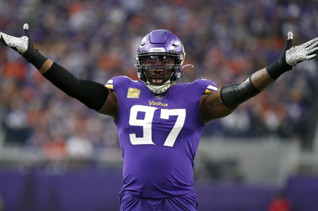 Minnesota Vikings defensive end Everson Griffen celebrates a sack during the first half of an NFL football game against the Denver Broncos, Sunday, Nov. 17, 2019, in Minneapolis. (AP Photo/Bruce Kluckhohn)