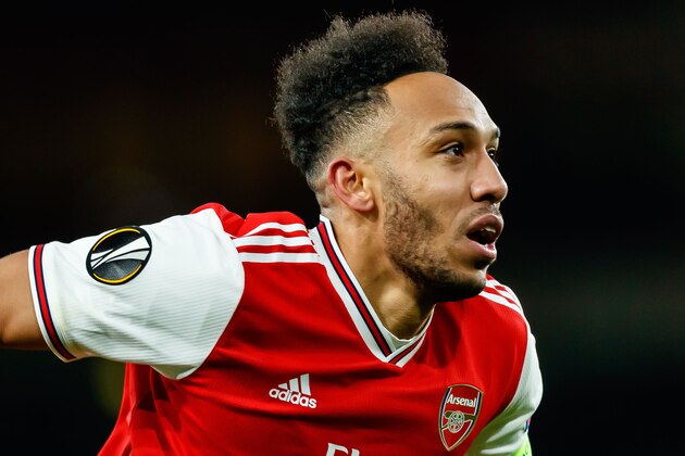 LONDON, ENGLAND - FEBRUARY 27: (BILD ZEITUNG OUT) Pierre-Emerick Aubameyang of Arsenal FC looks on during the UEFA Europa League round of 32 second leg match between Arsenal FC and Olympiacos FC at Emirates Stadium on February 27, 2020 in London, United Kingdom. (Photo by Roland Krivec/DeFodi Images via Getty Images)