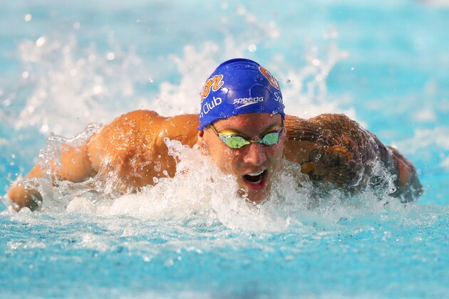 DES MOINES, IOWA - MARCH 06: Caeleb Dressel competes in the Men's 100 Butterfly heats on Day Three of the TYR Pro Swim Series at Des Moines on March 6, 2020 at the MidAmerican Energy Aquatic Center at the Wellmark YMCA in Des Moines, Iowa. (Photo by Maddie Meyer/Getty Images)