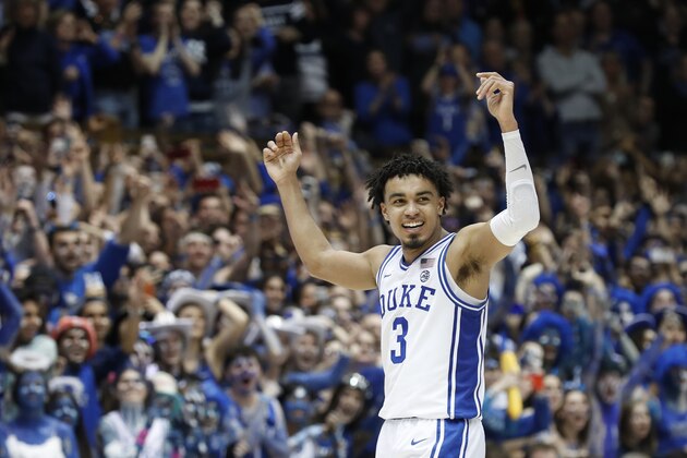 Duke guard Tre Jones (3) reacts during the second half of an NCAA college basketball game against North Carolina in Durham, N.C., Saturday, March 7, 2020. (AP Photo/Gerry Broome)