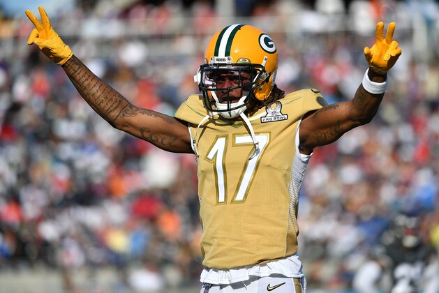 ORLANDO, FLORIDA - JANUARY 26: Davante Adams #17 of the Green Bay Packers celebrates during the 2020 NFL Pro Bowl at Camping World Stadium on January 26, 2020 in Orlando, Florida. (Photo by Mark Brown/Getty Images)