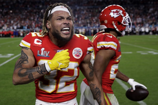Kansas City Chiefs' Tyrann Mathieu (32) celebrates during the second half of the NFL Super Bowl 54 football game against the San Francisco 49ers Sunday, Feb. 2, 2020, in Miami Gardens, Fla. The Kansas City Chiefs won 31-20. (AP Photo/Patrick Semansky)