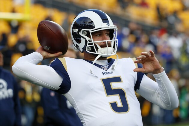 Los Angeles Rams quarterback Blake Bortles (5) warms up before an NFL football game against the Pittsburgh Steelers in Pittsburgh, Sunday, Nov. 10, 2019. (AP Photo/Don Wright)