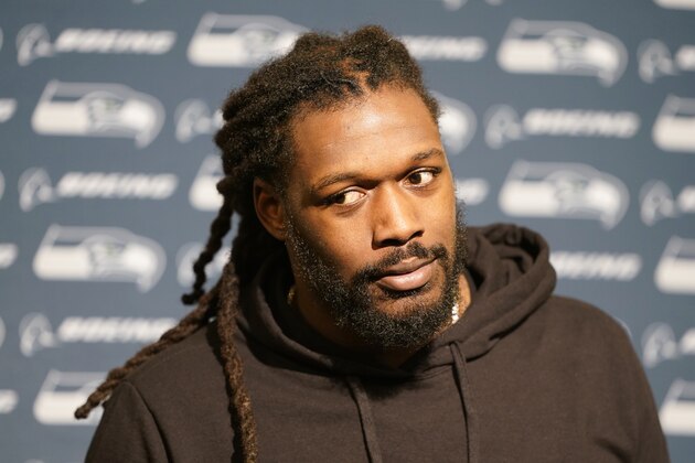 Seattle Seahawks defensive end Jadeveon Clowney speaks at a news conference after an NFL football game against the San Francisco 49ers in Santa Clara, Calif., Monday, Nov. 11, 2019. (AP Photo/Tony Avelar)