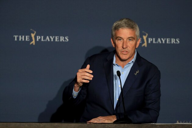 PONTE VEDRA BEACH, FLORIDA - MARCH 13:  Jay Monahan, PGA Tour Commissioner, addresses the media regarding the cancellation of The PLAYERS Championship and consecutive events through April 5, 2020 due to the COVID-19 pandemic as seen at the TPC Stadium course on March 13, 2020 in Ponte Vedra Beach, Florida. (Photo by Sam Greenwood/Getty Images)