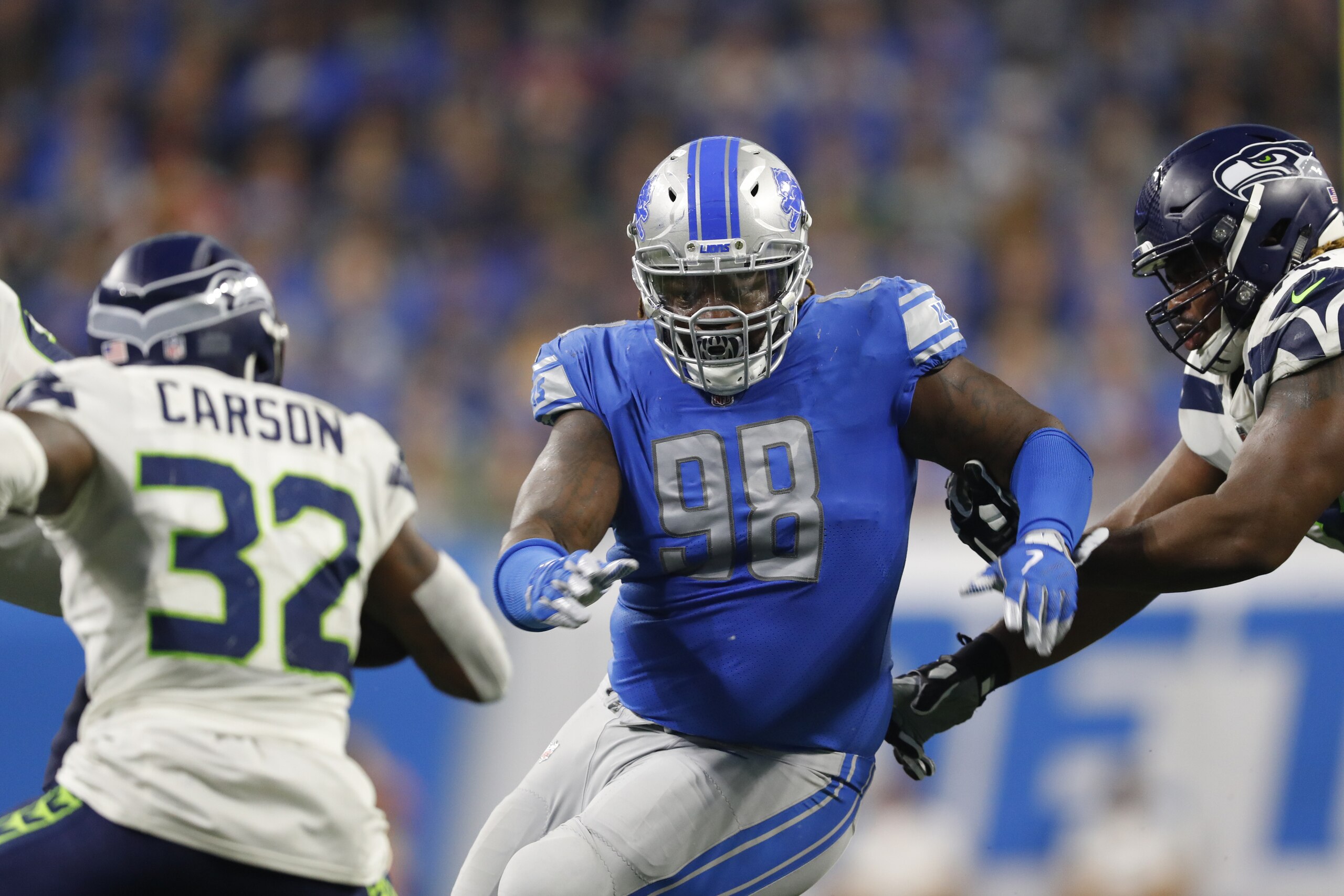 Detroit Lions defensive tackle Damon Harrison (98) pursues plays during an NFL football game against the Seattle Seahawks in Detroit, Sunday, Oct. 28, 2018. (AP Photo/Paul Sancya)