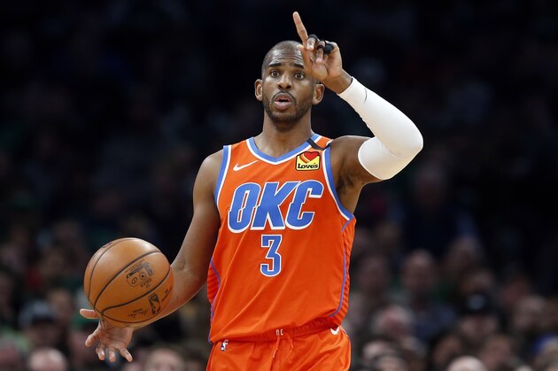 Oklahoma City Thunder's Chris Paul plays against the Boston Celtics during an NBA basketball game, Sunday, March, 8, 2020, in Boston. (AP Photo/Michael Dwyer)