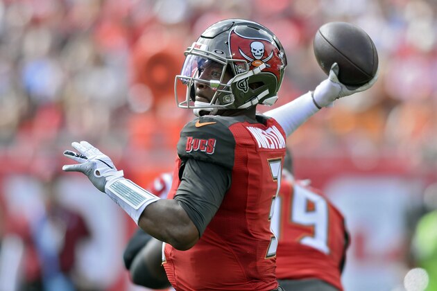 Tampa Bay Buccaneers quarterback Jameis Winston (3) fires a pass against the Atlanta Falcons during the first half of an NFL football game Sunday, Dec. 29, 2019, in Tampa, Fla. (AP Photo/Jason Behnken)