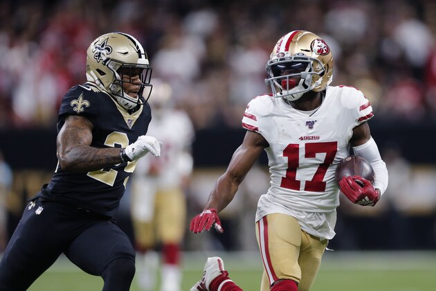 DUPLICATE***San Francisco 49ers wide receiver Jalen Hurd (17)***San Francisco 49ers wide receiver Emmanuel Sanders (17) carries against New Orleans Saints strong safety Vonn Bell (24) in the first half an NFL football game in New Orleans, Sunday, Dec. 8, 2019. (AP Photo/Brett Duke)