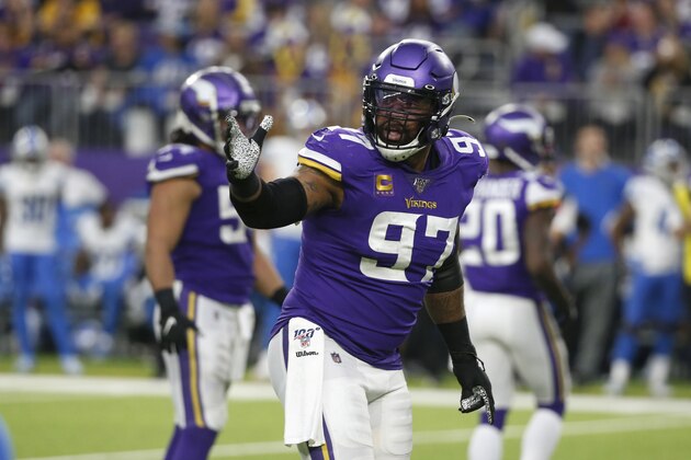 FILE - In this  Sunday, Dec. 8, 2019 file photo, Minnesota Vikings defensive end Everson Griffen gets set for a play during the second half of an NFL football game against the Detroit Lions in Minneapolis. The Minnesota Vikings have another starter on defense to replace. Defensive end Everson Griffen will not re-sign with the team. Griffen and his agent announced on Friday, March 20, 2020 that they were unable to come to terms with the Vikings due to their salary-cap constraints. (AP Photo/Bruce Kluckhohn, File)