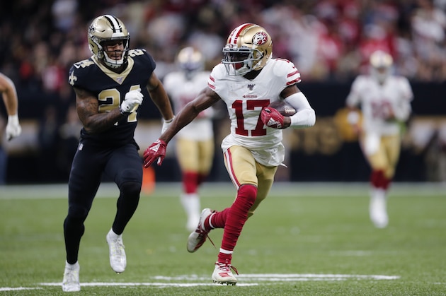 DUPLICATE***San Francisco 49ers wide receiver Jalen Hurd (17)***San Francisco 49ers wide receiver Emmanuel Sanders (17) carries against New Orleans Saints strong safety Vonn Bell (24) in the first half an NFL football game in New Orleans, Sunday, Dec. 8, 2019. (AP Photo/Brett Duke)