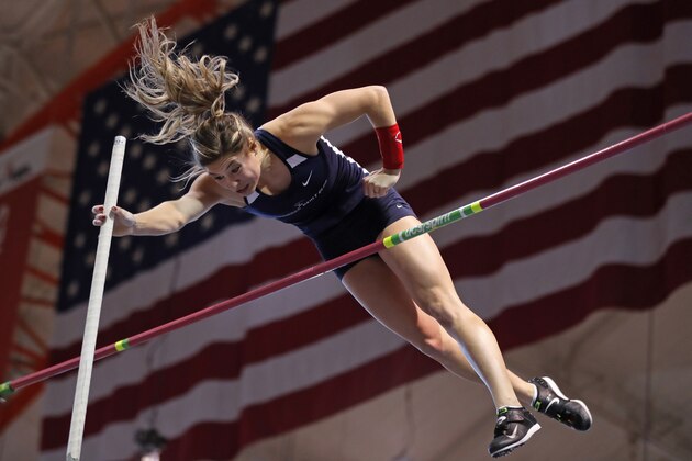 Lexi Jacobus competes in the women's pole vault event at the Millrose Games track and field meet Saturday, Feb. 8, 2020, in New York. (AP Photo/Adam Hunger)