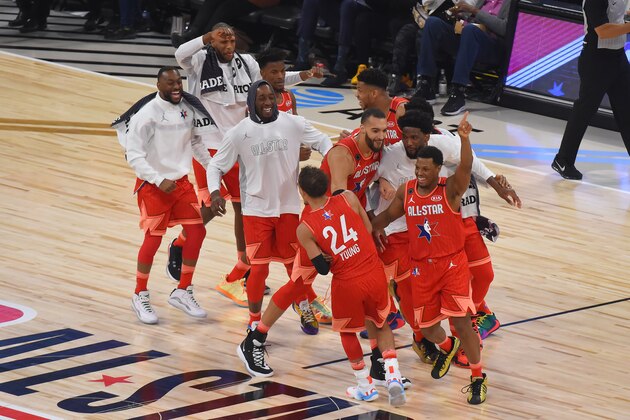 CHICAGO, IL - FEBRUARY 16: Team Giannis celebrates during the 69th NBA All-Star Game on Sunday, February 16, 2020 at  in Chicago, Illinois. NOTE TO USER: User expressly acknowledges and agrees that, by downloading and or using this Photograph, user is consenting to the terms and conditions of the Getty Images License Agreement. Mandatory Copyright Notice: Copyright 2020 NBAE (Photo by Bill Baptist/NBAE via Getty Images)