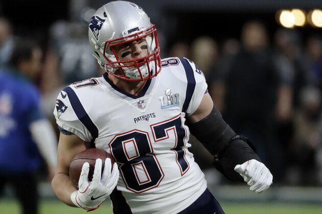 New England Patriots tight end Rob Gronkowski (87), warms up before the NFL Super Bowl 52 football game against the Philadelphia Eagles, Sunday, Feb. 4, 2018, in Minneapolis. (AP Photo/Chris O'Meara)