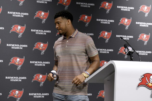 Tampa Bay Buccaneers quarterback Jameis Winston (3) leaves the press conference after talking to the media following an NFL football game against the Atlanta Falcons Sunday, Dec. 29, 2019, in Tampa, Fla. (AP Photo/Jason Behnken)