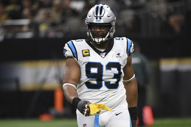 Carolina Panthers defensive tackle Gerald McCoy (93) holds a penalty flag, during the second half at an NFL football game against the New Orleans Saints, Sunday, Nov. 24, 2019, in New Orleans. (AP Photo/Bill Feig)