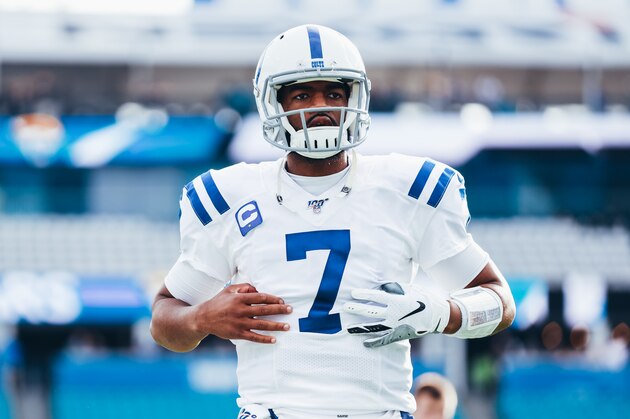 JACKSONVILLE, FLORIDA - DECEMBER 29: Jacoby Brissett #7 of the Indianapolis Colts on the field before facing the Jacksonville Jaguars at TIAA Bank Field on December 29, 2019 in Jacksonville, Florida. (Photo by Harry Aaron/Getty Images)
