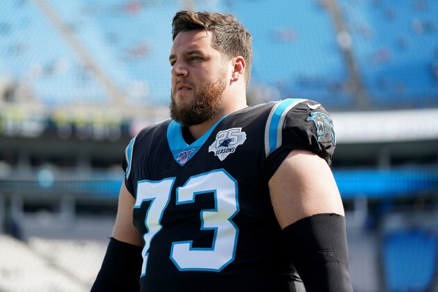 CHARLOTTE, NORTH CAROLINA - NOVEMBER 17: Greg Van Roten #73 of the Carolina Panthers before their game against the Atlanta Falcons at Bank of America Stadium on November 17, 2019 in Charlotte, North Carolina. (Photo by Jacob Kupferman/Getty Images)