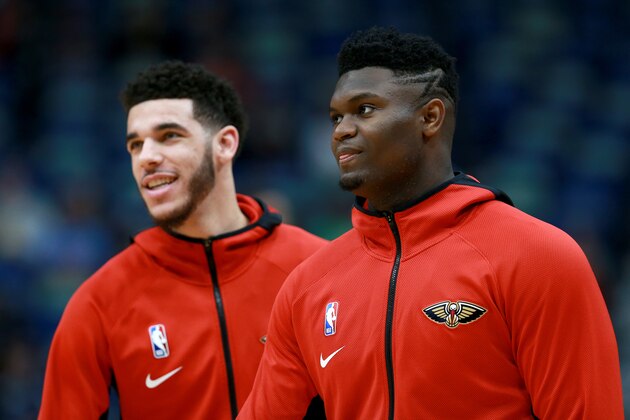NEW ORLEANS, LOUISIANA - JANUARY 24: Zion Williamson #1 of the New Orleans Pelicans and Lonzo Ball #2 of the New Orleans Pelicans warm up prior to the start of a NBA game against the Denver Nuggets at Smoothie King Center on January 24, 2020 in New Orleans, Louisiana. NOTE TO USER: User expressly acknowledges and agrees that, by downloading and or using this photograph, User is consenting to the terms and conditions of the Getty Images License Agreement. (Photo by Sean Gardner/Getty Images)