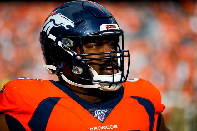 DENVER, CO - NOVEMBER 03:  Nose tackle Shelby Harris #96 of the Denver Broncos looks on before a game against the Cleveland Browns at Empower Field at Mile High on November 3, 2019 in Denver, Colorado. The Broncos defeated the Browns 24-19. (Photo by Justin Edmonds/Getty Images)