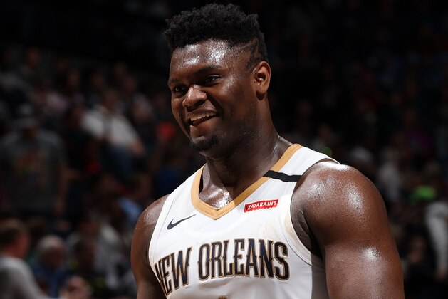 MINNEAPOLIS, MN -  MARCH 8: Zion Williamson #1 of the New Orleans Pelicans smiles during the game against the Minnesota Timberwolves on March 8, 2020 at Target Center in Minneapolis, Minnesota. NOTE TO USER: User expressly acknowledges and agrees that, by downloading and or using this Photograph, user is consenting to the terms and conditions of the Getty Images License Agreement. Mandatory Copyright Notice: Copyright 2020 NBAE (Photo by David Sherman/NBAE via Getty Images)