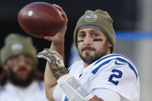 Indianapolis Colts quarterback Brian Hoyer (2) plays against the Pittsburgh Steelers in the second half of an NFL football game, Sunday, Nov. 3, 2019, in Pittsburgh. (AP Photo/Don Wright)