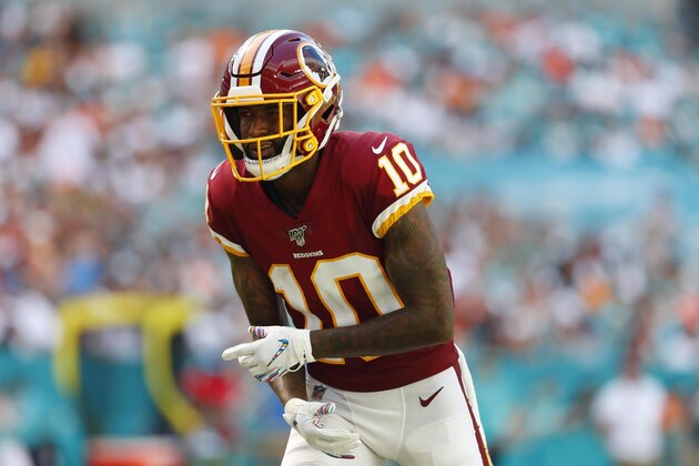 Washington Redskins wide receiver Paul Richardson (10) waits for a play, during the second half at an NFL football game against the Miami Dolphins, Sunday, Oct. 13, 2019, in Miami Gardens, Fla. (AP Photo/Wilfredo Lee)