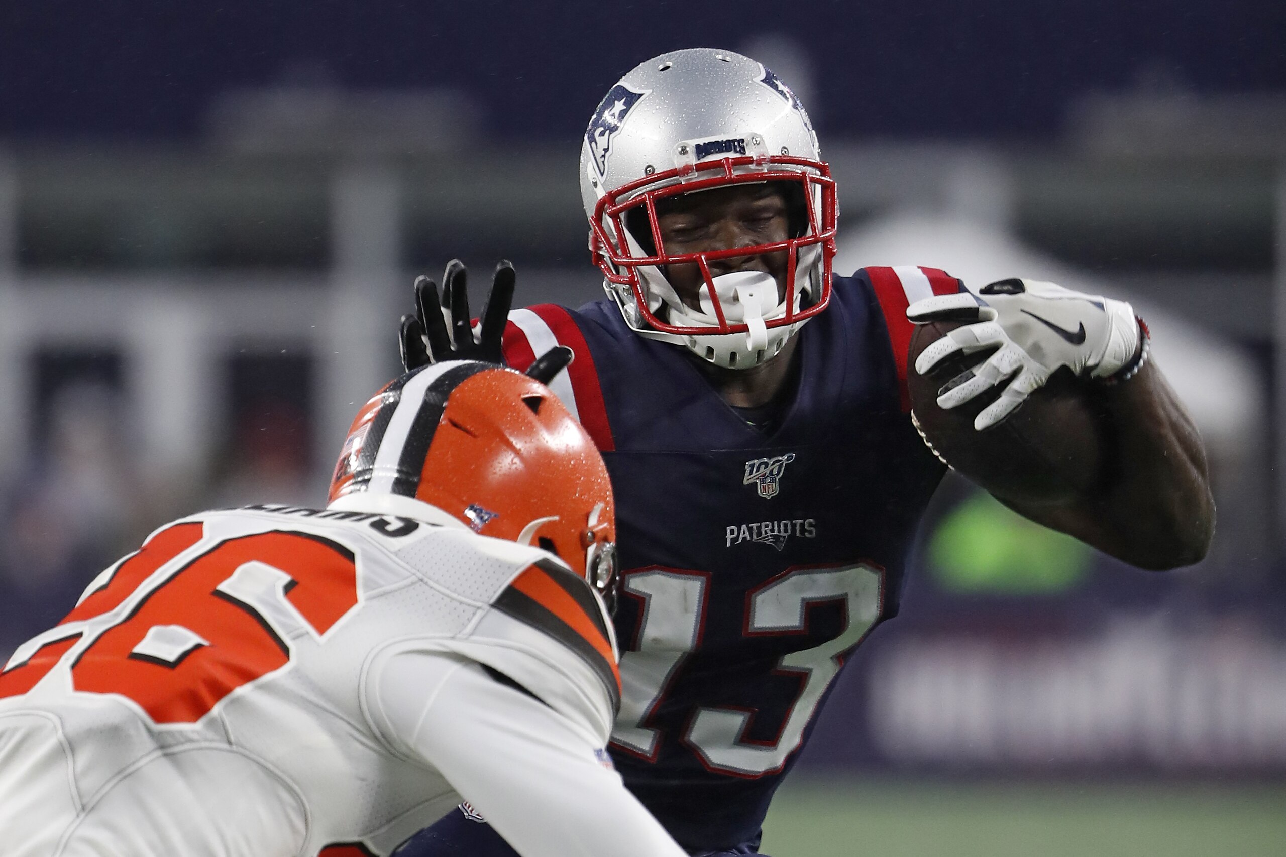 New England Patriots wide receiver Phillip Dorsett runs after a catch against the Cleveland Browns during an NFL football game, Sunday, Oct. 27, 2019 in Foxborough, Mass. (Winslow Townson/AP Images for Panini) New England Patriots wide receiver Phillip Dorsett runs after a catch against the Cleveland Browns during an NFL football game, Sunday, Oct. 27, 2019 in Foxborough, Mass. (Winslow Townson/AP Images for Panini)