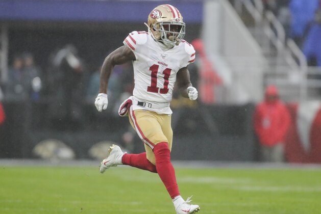 San Francisco 49ers wide receiver Marquise Goodwin (11) runs on the field during the in the second half of an NFL football game, Sunday, Dec. 1, 2019, in Baltimore, Md. (AP Photo/Julio Cortez)
