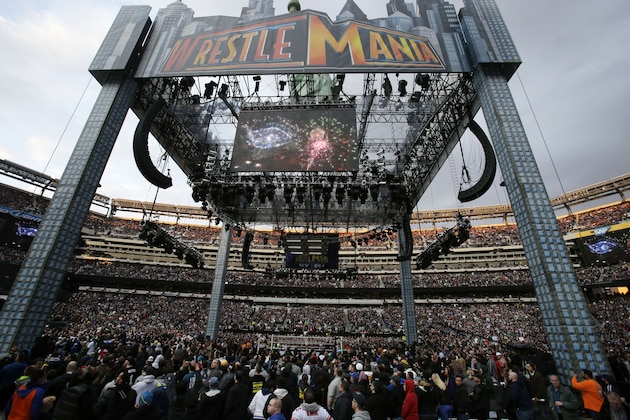 A huge tower is seen Sunday, April 7, 2013, in East Rutherford, N.J., during the WWE Wrestlemania 29 event. (AP Photo/Mel Evans)