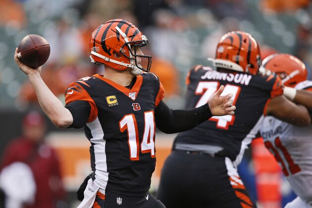 Cincinnati Bengals quarterback Andy Dalton (14) passes during the second half of an NFL football game against the Cleveland Browns, Sunday, Dec. 29, 2019, in Cincinnati. (AP Photo/Gary Landers)