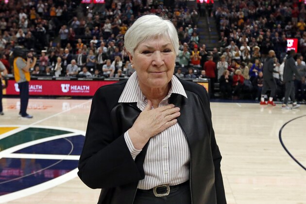 Gail Miller, owner and chairwoman of the Utah Jazz, waks off the court after addressing the crowd before an NBA basketball game against the Minnesota Timberwolves, Thursday, March 14, 2019, in Salt Lake City. Miller warned fans to not engage in inappropriate language with players. There was a recent incident involving a fan and a player from the Oklahoma Thunder where the fan has since been banned from Vivint Smart Home Arena. (AP Photo/Rick Bowmer)