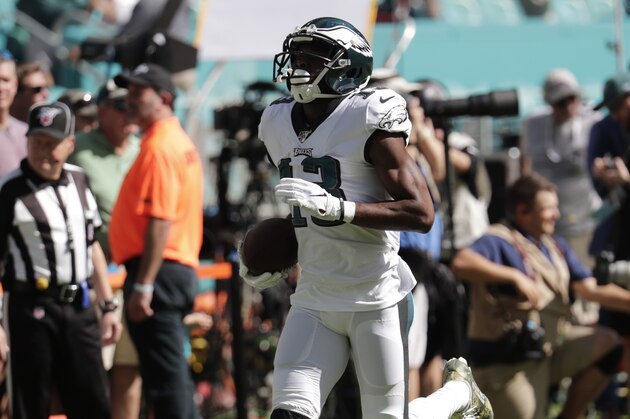 Philadelphia Eagles wide receiver Nelson Agholor (13) warms up, before an NFL football game against the Miami Dolphins, Sunday, Dec. 1, 2019, in Miami Gardens, Fla. (AP Photo/Lynne Sladky)
