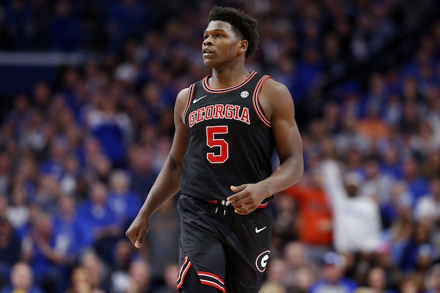 Georgia's Anthony Edwards (5) catches his breath during an NCAA college basketball game against Kentucky in Lexington, Ky., Tuesday, Jan 21, 2020. Kentucky won 89-79. (AP Photo/James Crisp)