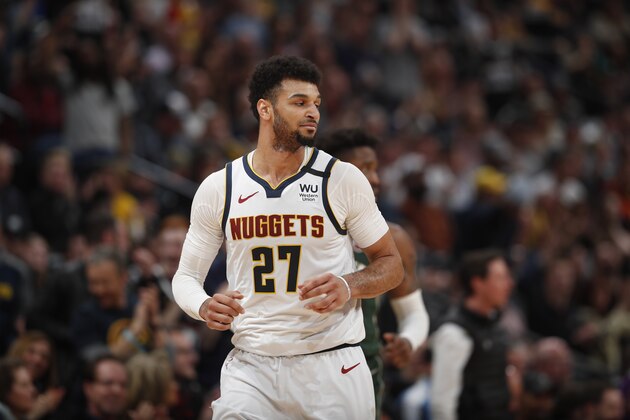 Denver Nuggets guard Jamal Murray (27) in the second half of an NBA basketball game Monday, March 9, 2020, in Denver. The Nuggets won 109-95. (AP Photo/David Zalubowski)