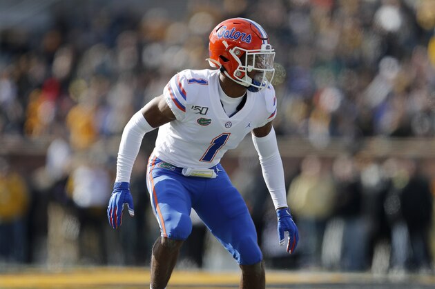 Florida defensive back CJ Henderson takes up his position during the first half of an NCAA college football game against Missouri Saturday, Nov. 16, 2019, in Columbia, Mo. (AP Photo/Jeff Roberson)