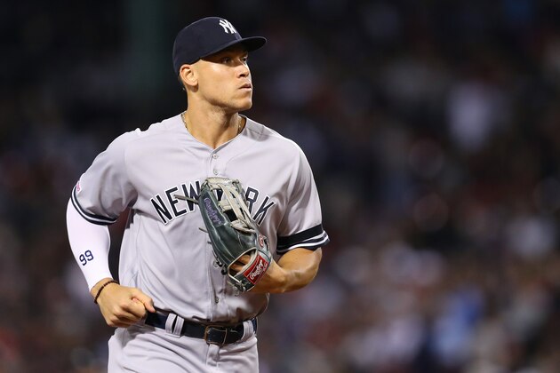 BOSTON, MASSACHUSETTS - SEPTEMBER 09: Aaron Judge #99 of the New York Yankees looks on during the fourth inning of the game between the Boston Red Sox and the New York Yankees at Fenway Park on September 09, 2019 in Boston, Massachusetts. (Photo by Maddie Meyer/Getty Images)