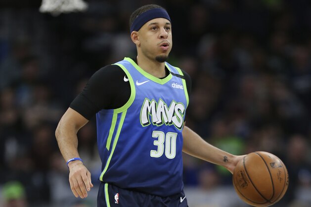Dallas Mavericks' Seth Curry in the second half of an NBA basketball game against the Minnesota Timberwolves, Sunday, March 1, 2020, in Minneapolis. Dallas won 111-91. (AP Photo/Stacy Bengs)