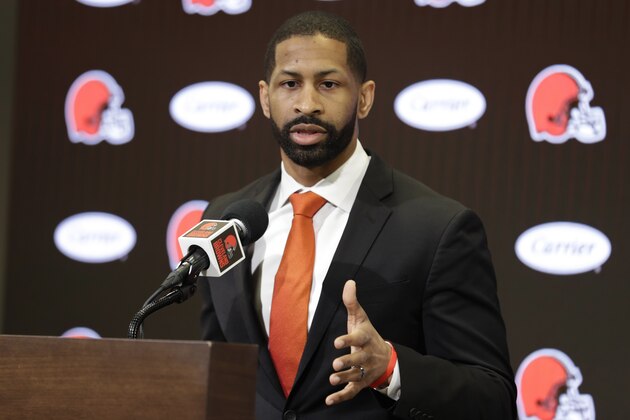 Cleveland Browns general manager Andrew Berry speaks during a news conference at the NFL football team's training camp facility, Wednesday, Feb. 5, 2020, in Berea, Ohio. (AP Photo/Tony Dejak)